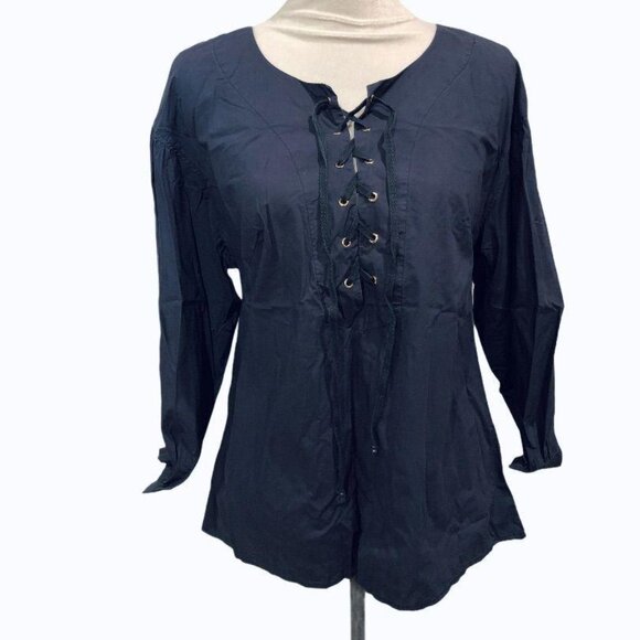 Anthropologie HD in Paris Lace Up Top Navy Medium Blue - Picture 1 of 4